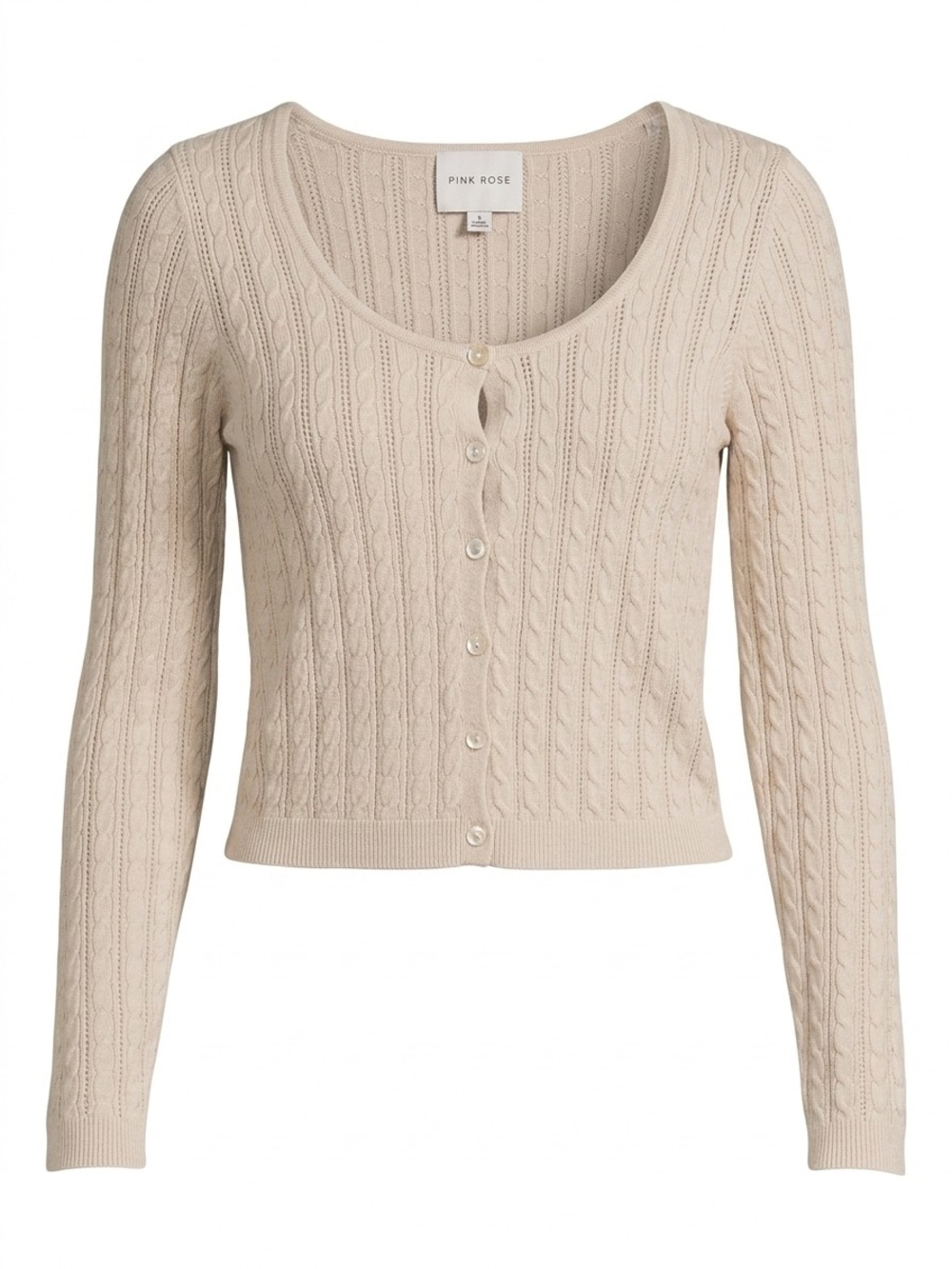 Pink Rose Cream Cable Knit Button-Front Cardigan Small Business Casual Office